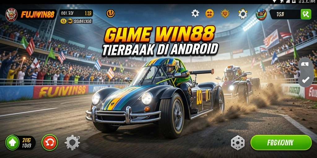 Tangkapan layar utama FUJIWIN88 menampilkan aksi balapan yang mendebarkan.
