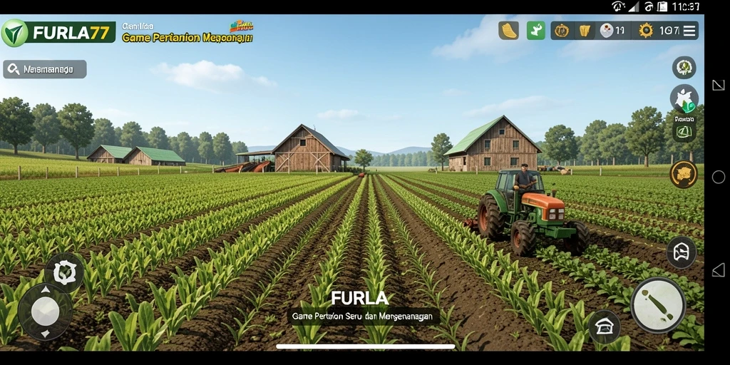 Tampilan gameplay <strong>FURLA77</strong> dengan ladang yang subur dan hewan ternak yang lucu.