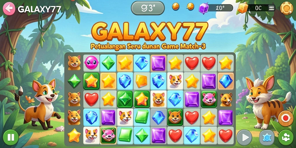Screenshot menunjukkan gameplay seru dari GALAXY77, dengan permata berwarna cerah.