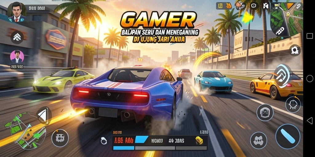 Tampilan layar gameplay GAMERP yang menampilkan balapan mendebarkan.