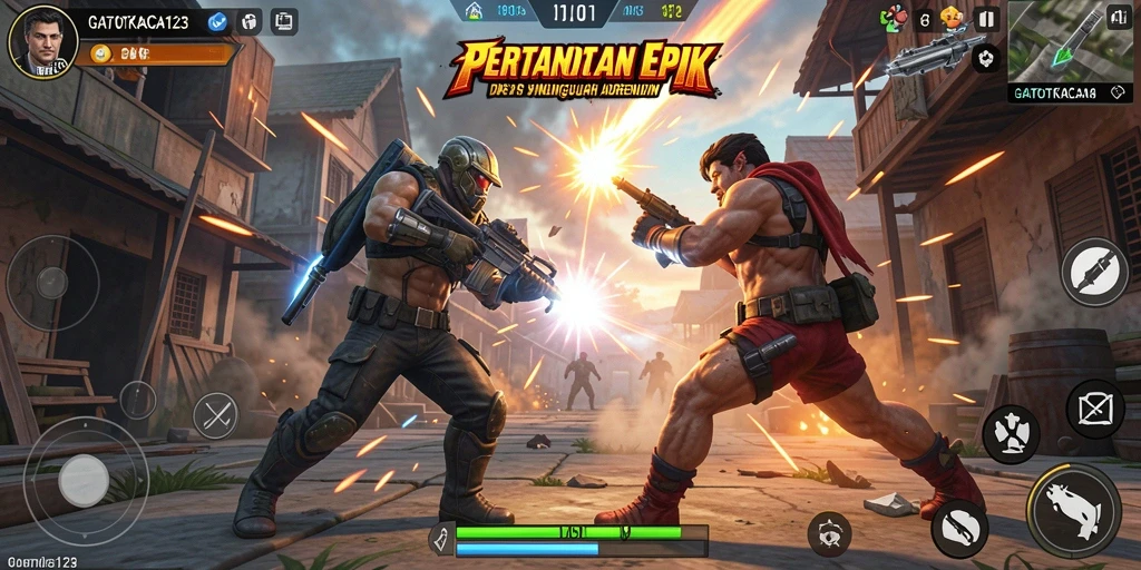 Tampilan gameplay mendebarkan di GATOTKACA123 dengan aksi TPS intens.