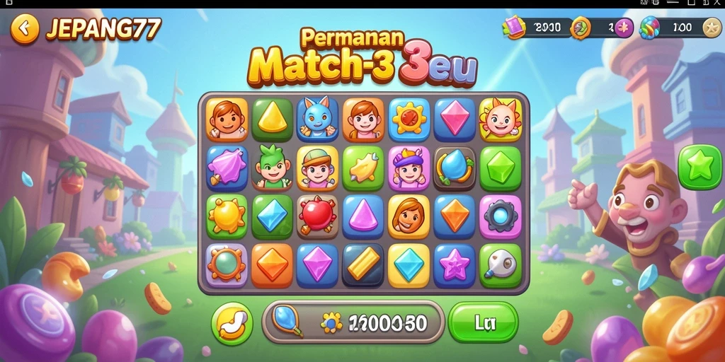 Tangkapan layar utama JEPANG77 menampilkan serunya gameplay Match-3 yang penuh warna.
