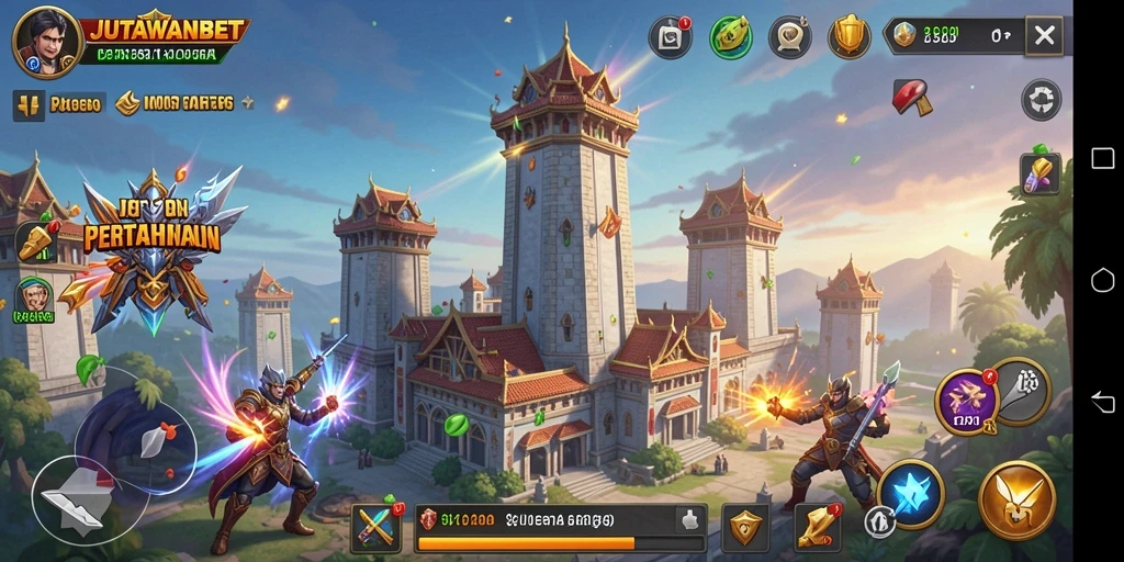 Screenshot utama JUTAWANBET menampilkan pertarungan intens dalam Tower Defense.