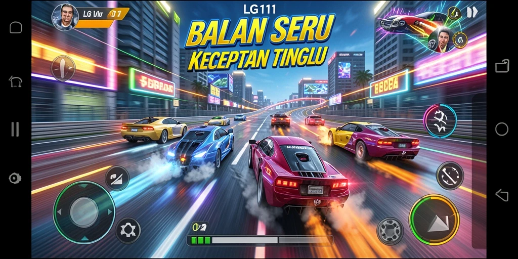 Screenshot gameplay balapan dengan mobil-mobil cepat dan lintasan menantang.