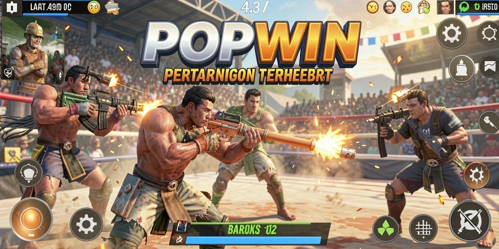 Tampilan gameplay POPWIN yang menegangkan dan seru di arena Battle Royale.