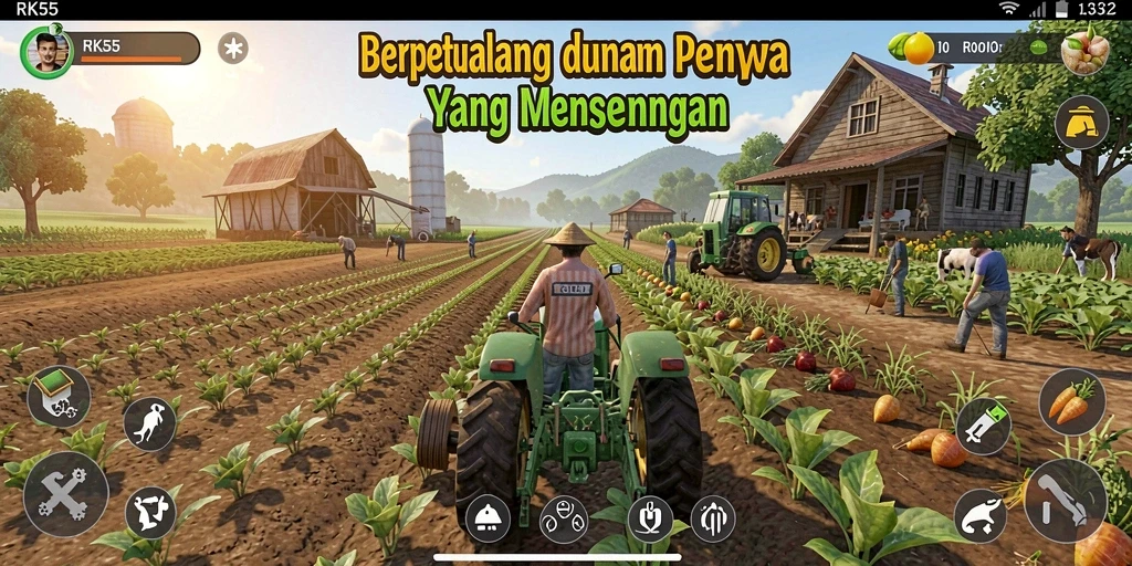 Tangkapan layar gameplay RK55 dengan aktivitas pertanian di ladang.