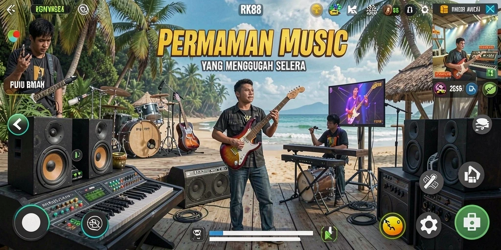 Screenshot RK88 menampilkan gameplay musik yang penuh warna dan interaktif.