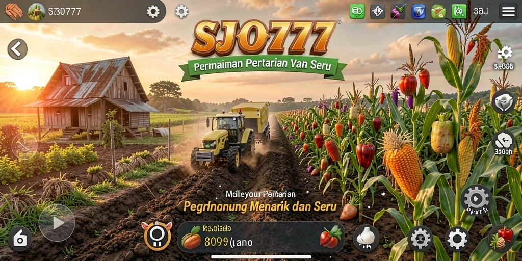 Tangkapan layar utama dari gameplay SJO777 yang menampilkan pertanian yang indah dan produktif.