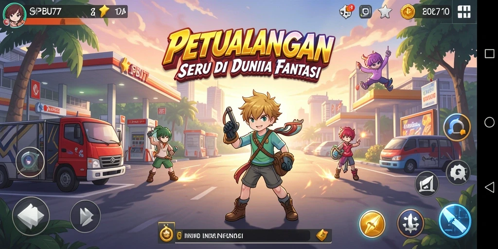 Tampilan gameplay SPBU77 menampilkan karakter anime yang dinamis dan lingkungan yang indah.